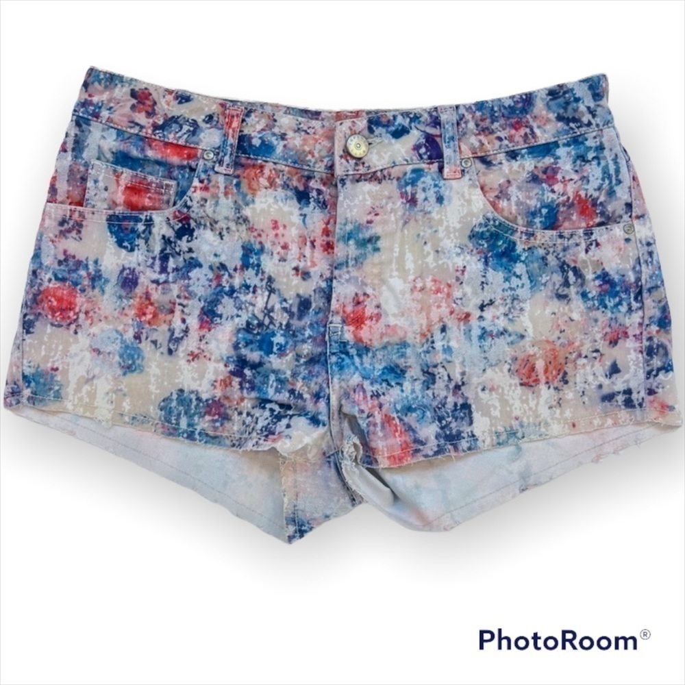Top Shop Moto colorful distressed velvet jean shorts, button fly size 28/29(M)